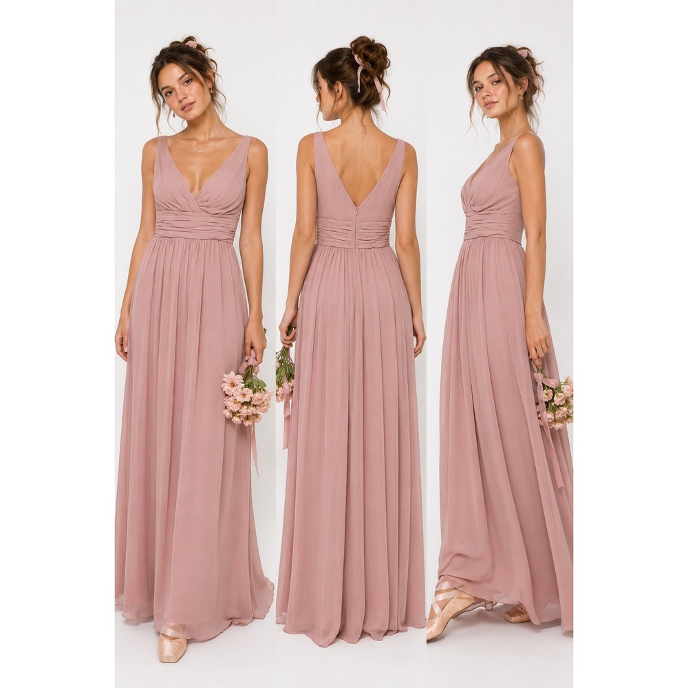 Bill Levkoff Chiffon Maxi Dress 4‎ Blush Pink V-Neck Bridesmaid Formal Coquette